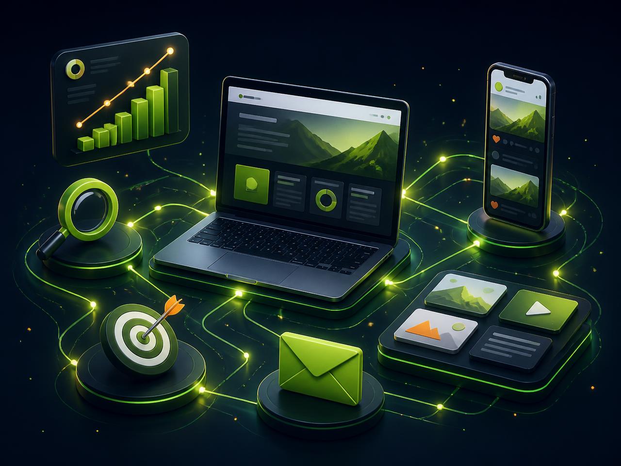 Ecossistema ilustrado de ferramentas de marketing digital